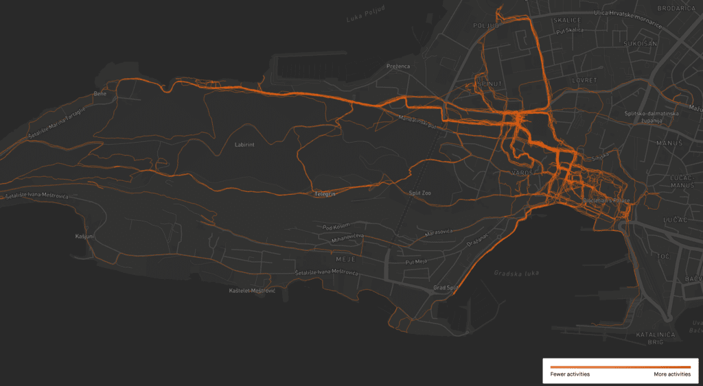 heat map of walking and running in split, croatia