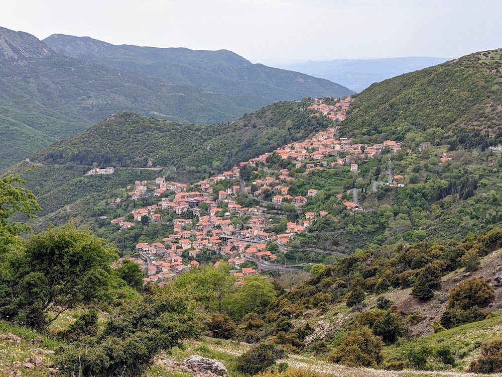 On the trail overlooking the end of our journey: Lagkadia