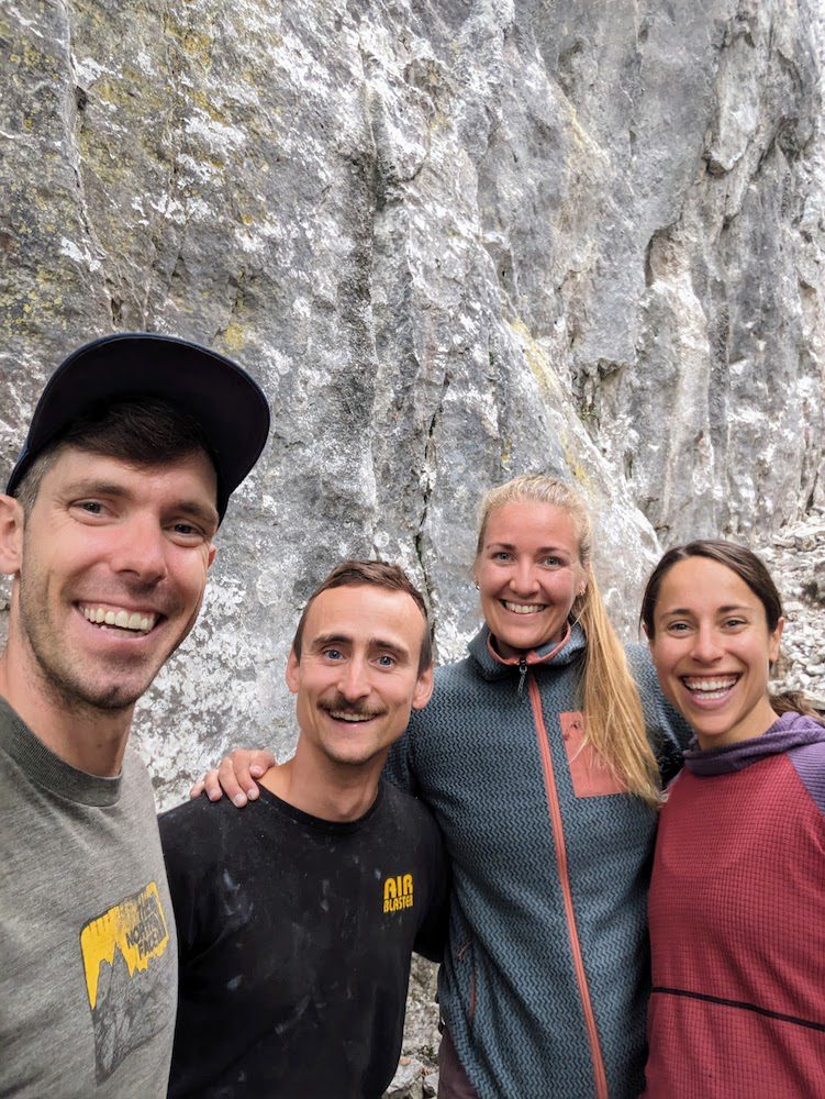 two couples at a climbing cliff near lake bled in slovenia